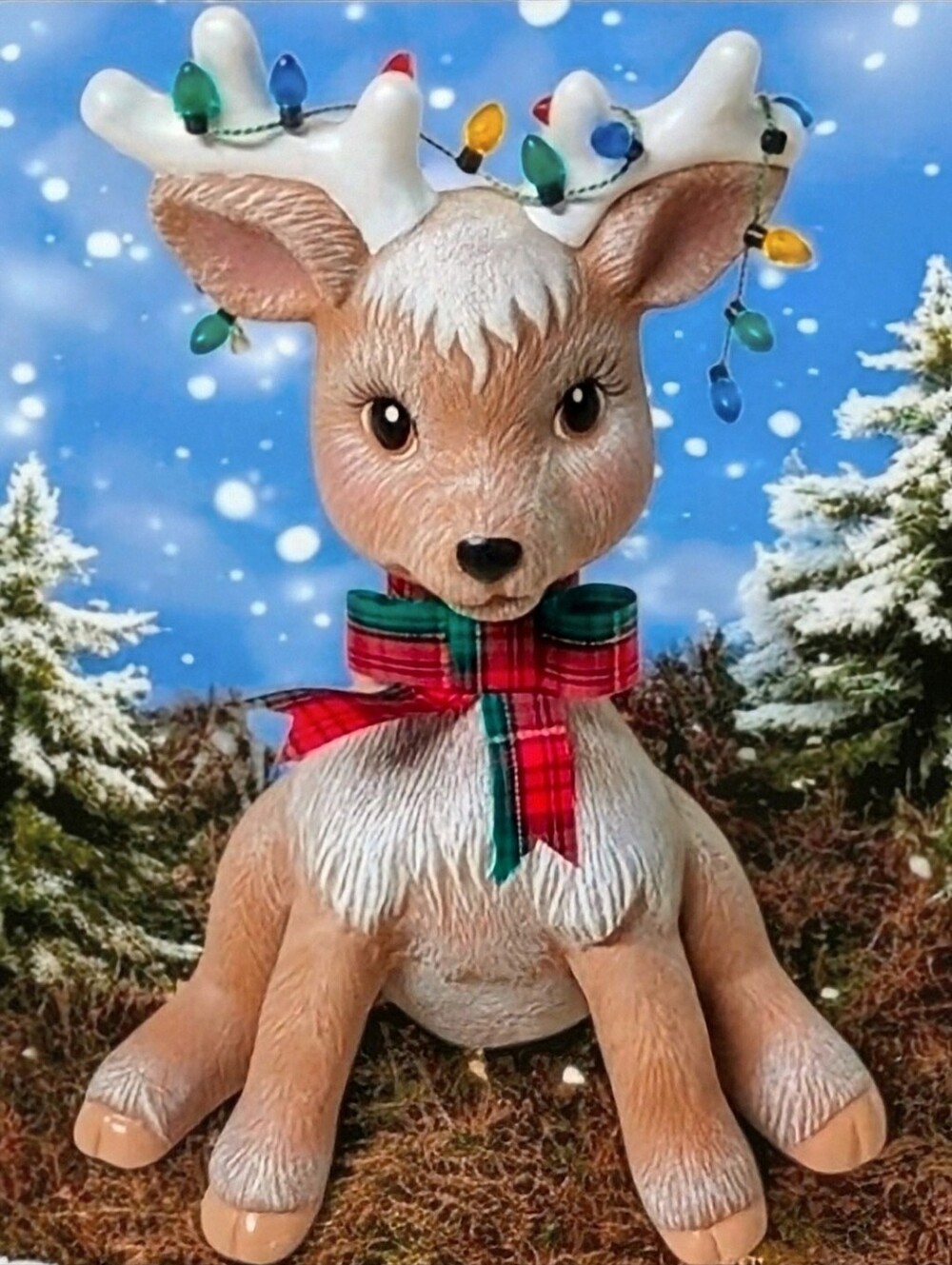 Vintage 80's Handpainted Ceramic Sitting Reindeer Colored Lights